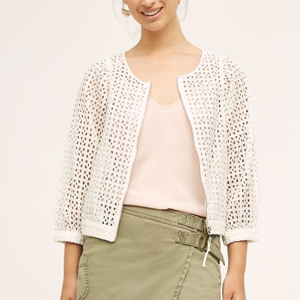 Anthropologie | Elevenses White Zipper Front Eyelet Bomber Jacket Size XS